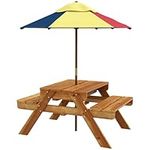 Outsunny Kids Picnic Table, 3-in-1 Sand and Water Table Wooden with Removable Foldable Umbrella, Detachable Tabletop for Patio Lawn Garden, Aged 3-6 Years Old, Teak