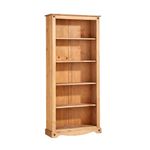 Home Source Corona Large Bookcase, 5 Tier Pine Book Shelves, Mexican Solid Wood Living Room Storage, Natural