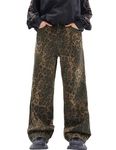 Mens Leopard Print Jeans Y2k Baggy Leopard Jeans Wide Leg Vintage Demin Pants Streetwear