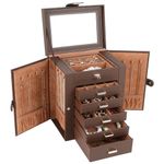 Kendal Jewelry Box, 6-Layer Jewelry Storage Organizer for Necklace Bracelet Rings Watch, 10.2"x8.2"x6" Classic Brown PU Leather 5 Drawers Large Storage Capacity with Mirror