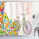 Ambesonne Bicycle Shower Curtain, Hand Drawn Bicycle Extending Flower Path Sixties Hippie Fashion Times Funky Pattern, Cloth Fabric Bathroom Decor Set with Hooks, 69" W x 70" L, Multicolor