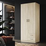 ELEGANT Oak Wooden Wardrobe with Multi-Storage Units 2 Drawers Wardrobe with Hanging Rail for Home Bedroom