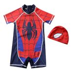 SNOWIE SOFT® Swim Suit for Kids Boys, UPF 50+Swimming Costume for Boys Cap Set Short Sleeve Spiderman Print Stretchy Multipurpose Wear for Swimming, Cycling, Aerobics for 5-6 Years Old