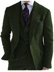 Mens Retro Suit 3 Pieces Tweed Herringbone Wool Tuxedos Blazer Wedding Groom （34, Army Green）