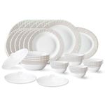 Larah by Borosil Waltz Fluted Series Opalware Dinner Set | 31 Pieces for Family of 6 | Microwave & Dishwasher Safe | Bone-Ash Free | Crockery Set for Dining & Gifting | Plates & Bowls | White