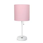 Limelights LT2044-POW White Stick USB Charging Port and Pink Fabric Shade Table Lamp,