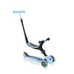 Globber Go Up Foldable 3 Wheel Folding Scooter and Ride On with Light Up Wheels - 15 Months to 7 Years, Kids Toddler Scooter for Boys and Girls with removable seat 2 Year Warranty (Pastel Blue)