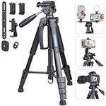 74Inch Camera Tripod Lightweight Travel Tripod Aluminum Tripod for DSLR Camera, Cellphone, Canon, Nikon, Sony（Extra Gift:Extension Bracket, Quick Release Plates，Phone Clip,Phone Camera Remote Control