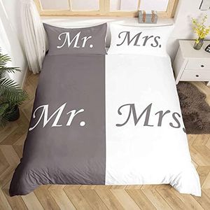 Mr Mrs Duvet Cover Love Man Women Romance Bedding Set for Lover Couple Valentine Day Bedding & Linen Ultra Soft Grey White Creative King Size Zipper