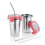 MARU Stainless Steel Tumbler with Silicon Aperture Steel Lid Leak Proof Set of 2 pcs with 2 Straws 1 Brush | Glass Tumbler Steel lid | Steel Glass with Lid Capacity 400ML (Ice Pink)