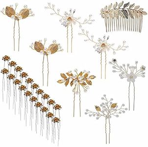 inSowni 28 Pack Wedding Bridal Gold Metal Leaf Hair Side Combs+U Shaped Pearl Rhinestone Fancy Hair Pins Clips Flower Golden Prom Formal Hair Pieces Updo Accessories for Women Girls Brides Bridesmaids