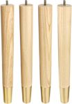 Ash Wood Furniture Legs With Gold Caps - Mid Century Legs For Sofa, Chair, Table, Dresser, Bed, Cabinet, Ottoman - Wooden Legs Are Easy To Install & Include Installation Hardware - Set of 4, 16 Inches