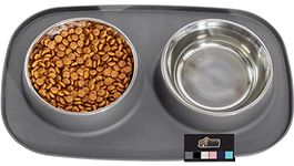 Gorilla Grip Slip Resistant Pet Bowls and Silicone Feeding Mat Set, Catch Water and Food Mess, Raised Edges for No Spills, Stainless Steel Cat and Dog Dish Bowl, Patent Pending Design, 2 Cups, Gray