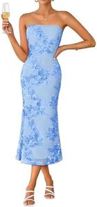 ZESICA Women's Summer Strapless Floral Midi Dress 2026 Bodycon Mesh Tube Wedding Guest Cocktail Party Formal Dresses Blue X-Large