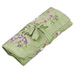 KYEYGWO Chinese Embroidery Travel Jewelry Roll with Flowers and Bird Embroidery, Jewelry Organizer Portable Hand Roll Bag Jewelry Bag for Necklace Ring Bracelet Storage, Green