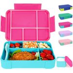 CAPERCI Bento Lunch Box for Kids, 1330ml Bento Box Kids, 5 Compartments, Leak Proof, with Sauce Box and Cutlery, Snack Box for Kids Adults School Work, Microwave/Dishwasher Safe (Fuchsia/Teal)