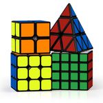 ROXENDA Speed Cube Set, 2X2 3X3 4X4 Pyramid Cube Original Fast Cube with Instruction [4 Pack](Sticker Cube Set)