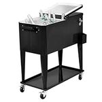 COSTWAY 80-Quart Rolling Ice Chest, Stainless Steel Beverage Cooler Cart with Shelf, Wheels, Bottle Opener & Drainage Hole, Bar Party Drink Ice Bucket Trolley, 72H Insulation(Black)