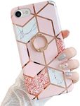 Qokey Compatible with iPhone SE Case 2022/2020,for iPhone 7 Case,for iPhone 8 Case 4.7" Marble Cute Cover for Women Girls 360 Degree Rotating Ring Kickstand Soft TPU Shockproof Cover Grid Bling Rose