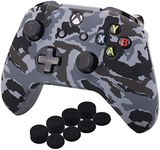 YoRHa Water Transfer Printing Camouflage Silicone Cover Skin Case for Microsoft Xbox One X & Xbox One S controller x 1(snow) With PRO thumb grips x 8