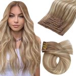 Moresoo Balayage Clip in Hair Extensions Human Hair Light Brown Mixed with Golden Blonde Hair Extensions for Women Clip in Blonde Clip in Human Hair Extensions Ombre 7pcs 120g 18 Inch