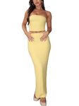 korssyee Two Piece Skirt Outfits for Women Sleeveless Tube Tops Bodycon Sexy Maxi Dress 2 Piece Summer Y2K Vacation Set, Yellow, X-Small