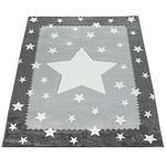 Paco Home Children's Rug Children's Room 3D Cute Border In The Stars Design In Grey White, Size:160x230 cm