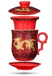 YURROAD Chinese Dragon Pattern Tea-Mug with Strainer Infuser and Lid and Saucer Ceramic Tea Mug Convenient System Chinese Porcelain Personal Tea Cup 13.5 oz(380ml) - RED, TC400