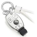 CTRINEWS for Mercedes Key Fob Cover with Metal Braided Rope Keychain for Benz Accessories, Upgraded Soft Key Case for Class Mercedes Benz (3 Button only) (Silver Edge)