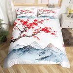 Erosebridal Sakura Duvet Cover for Teen Girls Japanese Cherry Blossom Decor Bedding Set Japanese Style Soft Comforter Cover Set with Zipper Ties Mount Fuji Pattern Duvet Cover for Adult Women Boys