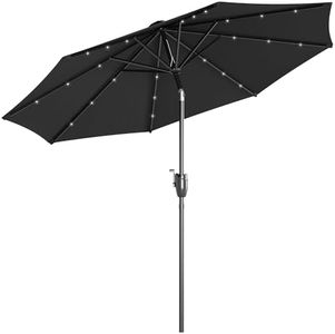 Outsunny Φ2.7m Garden 24 LED Light Parasol Solar Outdoor Tilt Sun Umbrella Patio Club Party Event Manual Sun Shade w/Hand Crank and 8 Ribs, Black