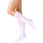 Knee High Socks for Women Girls, Casual Thigh High Socks, Soft Elastic Striped Long Socks for Sports Daily Wear (UK, Alpha, One Size, Regular, Regular, white-3 pink bars)