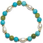 Joyfulmuze Real Turquoise Serpentine and Pearl Stretch Bracelet, Natural Blue Green Round Gemstone and Freshwater White Gem, Handmade Spiritual Jewelry for Women Men (Turquoise -Serpentinite-Pearl)