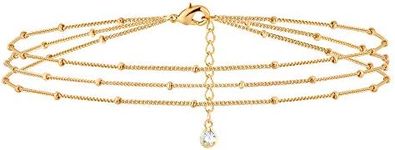 MEVECCO Bracelet for Women Gold Layered Satellite Chain Bead 14K Gold Plated Dainty 3 Layer Simple Jewelry