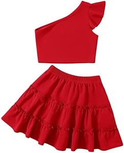 SHENHE Girl's Two Piece Outfits One Shoulder Cap Sleeve Crop Top and Skirt Set Red 11-12Y