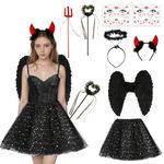 Suffolly Halloween Angel Costume,8pcs Black Devil Costume With Angel Wings and Halo Fallen Angel Costume Women Fancy Dress Halloween Costume Black Swan Costume(Adult, F)