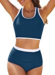 Aleumdr High Waisted Bikini Sets for Women Athletic Two Piece Womens Swimsuits Color Block Tummy Control Bathing Suits Swim Suit for Women2024 Blue Large