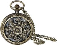 JewelryWe Retro Bronze Flower Openwork Cover Quartz Pocket Watch with 32.3 Inch Chain for Christmas