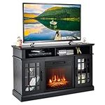 GOFLAME Fireplace TV Stand for TV up to 55 Inches, Freestanding Wood Entertainment Center with 18" Electric Fireplace, 48" TV Console Table with 2 Open Storage Compartments & 2-Door Cabinet (Black)