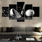 Golf Pctures Wall Decor Black and White Paintings Golf Course Wall Art for Living Room Golfing Sports Artwork 5 Piece Prints on Canvas House Modern Decor Giclee Framed Ready to Hang(60''Wx 32''H)