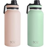 BOZ Stainless Steel Water Bottles 2 Pack Bundle - Pink Water Bottle + Green Water Bottle - Vaccum Insulated Water Bottles 32 Oz - Wide Mouth BPA Free Metal Water Bottles for Gym with Spout Lid