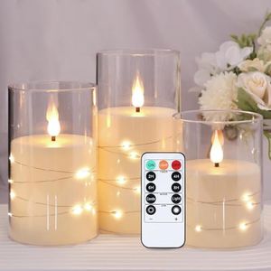 Flickering Flameless Candles: Built-in Star String Lights Acrylic 3D Wick Battery Operated LED Pillar Candles with Remote and Timer for Romantic Mood Home Decoration - 3 Pack Pure (White)