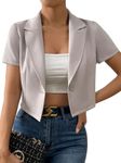 OYOANGLE Women's Button Down Lapel Neck Crop Jackets Short Sleeve Business Blazers Light Grey X-Small