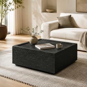 28" Square Coffee Table Concrete Stone Look No Assembly (Matte Black)
