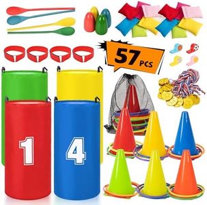 ropoda 57PCS Field Day Games, Outdoor Carnival Games Potato Sack Race Bags for Adults and Kids, Bean Bags, Soft Plastic Cones,Ring Toss Set,Egg and Spoon Race, Outdoor Games Easter