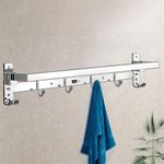 ZOLMIX 24 Inch SS304 Stainless Steel Folding Towel Holder Stand Single Rod for Bathroom Towel Holder Rack | Accessories Fitting for Kitchen | Hanger with Hooks | One Year Warranty - Silver Color