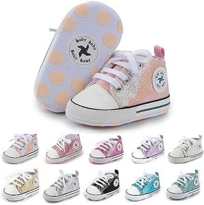 Baby Girls Boys Shoes Soft Anti-Slip Sole Newborn First Walkers Star High Top Canvas Denim Unisex Infant Sneaker, B01-sequins Lignt Pink, 12-18 Months Toddler