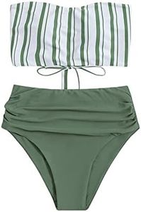SweatyRocks Women's Bathing Suits Striped Bandeau Bikini high Waisted Swimsuits Swimwear Set Army Green XL