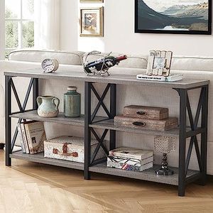 LVB Industrial Entryway Table, Farmhouse Rustic Console Table Behind Couch, Long Metal Wooden Sofa Table with Storage Shelf, Modern Foyer Hallway Table for Living Room Bedroom, Light Grey Oak, 63 in