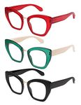 AMOMOMA Oversized Cat Eye Reading Glasses for Women, 1.5 Blue Light Big Frame Spring Hinge Readers AM6087C1+C2+C3, C1.black+c2.green+c3.red, 52-24-153